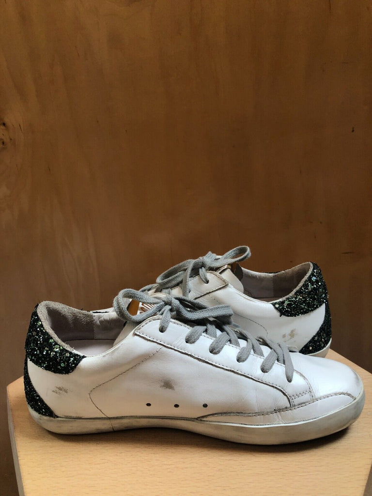 GOLDEN GOOSE Superstar White Maroon Suede Star Green Sequin Low Top Sneaker 37