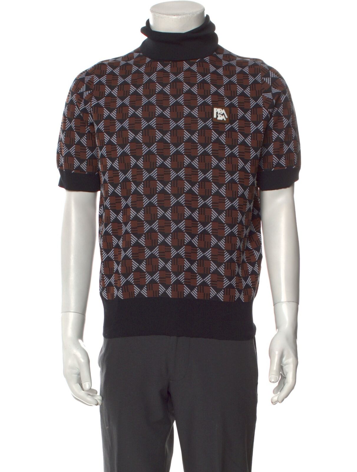 PRADA	Men's Roll Turtleneck Brown Black Jacquard Knit Jumper Sweater 48/M
