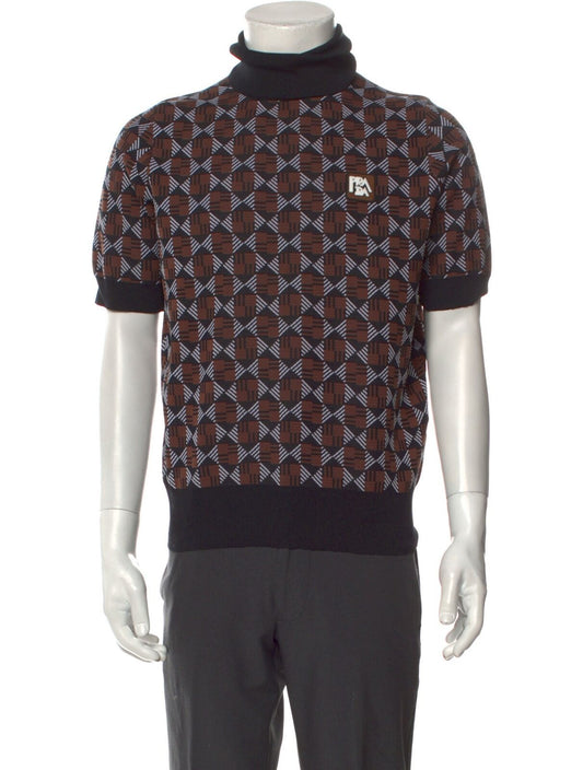 PRADA	Men's Roll Turtleneck Brown Black Jacquard Knit Jumper Sweater 48/M