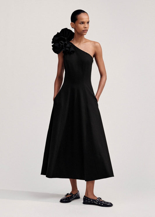 ME + EM Black One Shoulder Corsage Detachable Detail Ponte Jersey Midi Dress 2