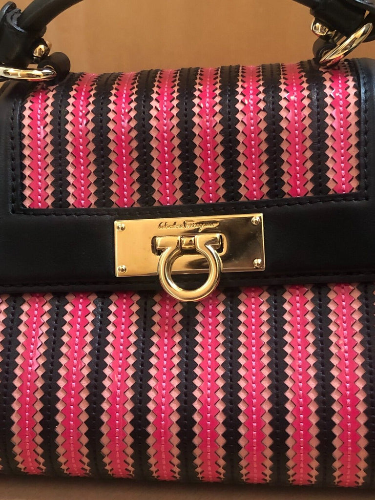 SALVATORE FERRAGAMO Sofia Pink Black Crossbody Leather Mini Satchel Bag Purse