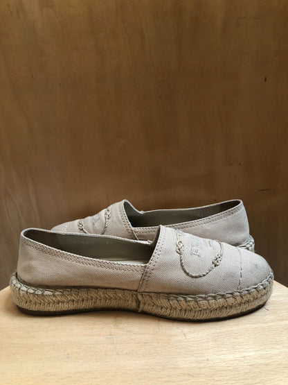 PRADA	Beige Canvas Trim Round Toe Logo Straw Raffia Platform Flat Espadrille 36