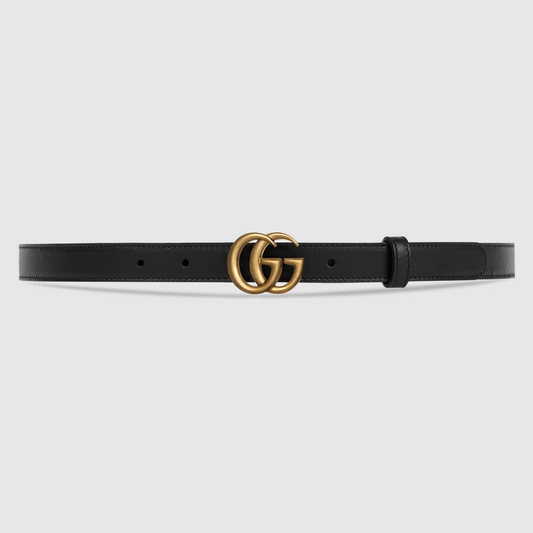 GUCCI	Gucci GG Marmont Logo Black Gold Brass Thin Skinny Press Stud Belt 80/32