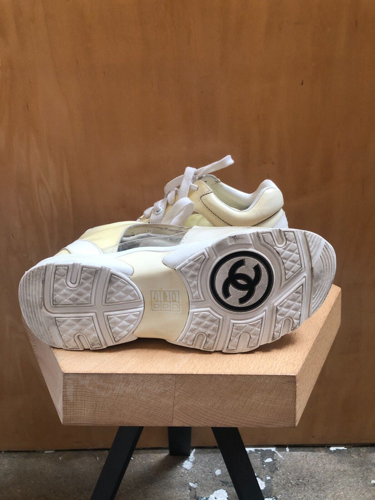 CHANEL White Yellow Transparent Clear PVC Plastic Vtg Low Top Leather Sneaker 35