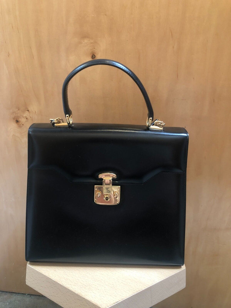 GUCCI Vintage Black Leather Lady Lock 2 Way Gold Hardware Handle Bag