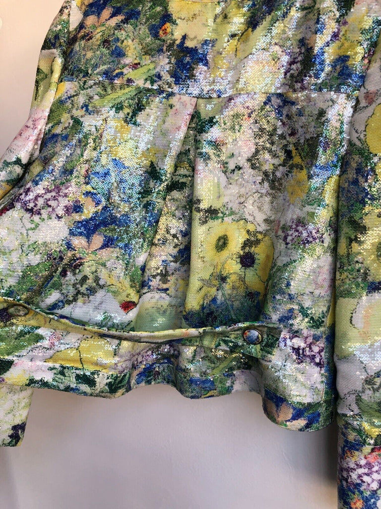 ERDEM	Yellow Green Watercolor Floral Sequin Long Sleeve Silk Blazer Jacket M/L