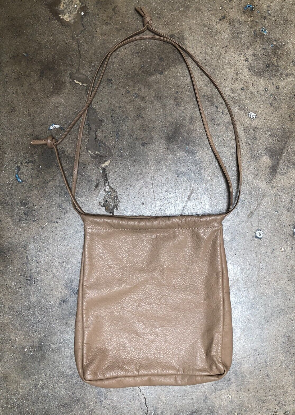 ARE STUDIO Nude Beige Pebbled Leather Scrunch Drawstring Bucket Shoulder Tote