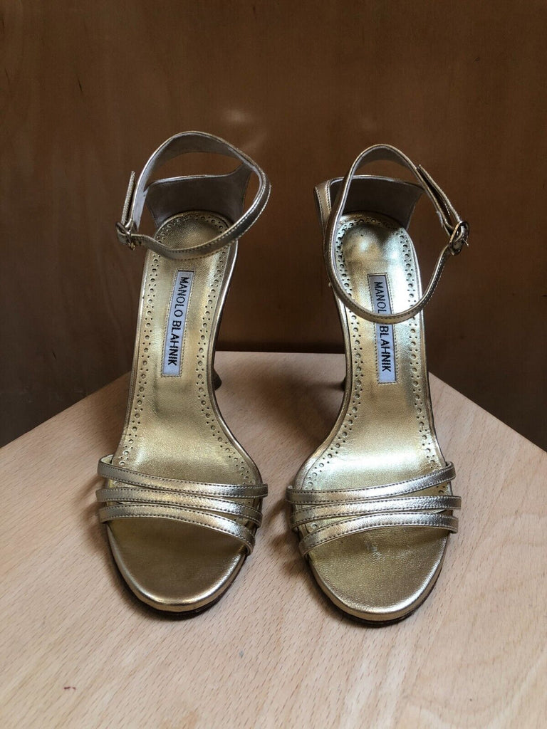 MANOLO BLAHNIK Caracol 105 Metallic Gold Nappa Leather Strappy Sandal Heels 36/6