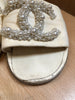 CHANEL 2019 Ivory White Leather Beaded Pearl CC Logo Flat Slide Sandals 38.5