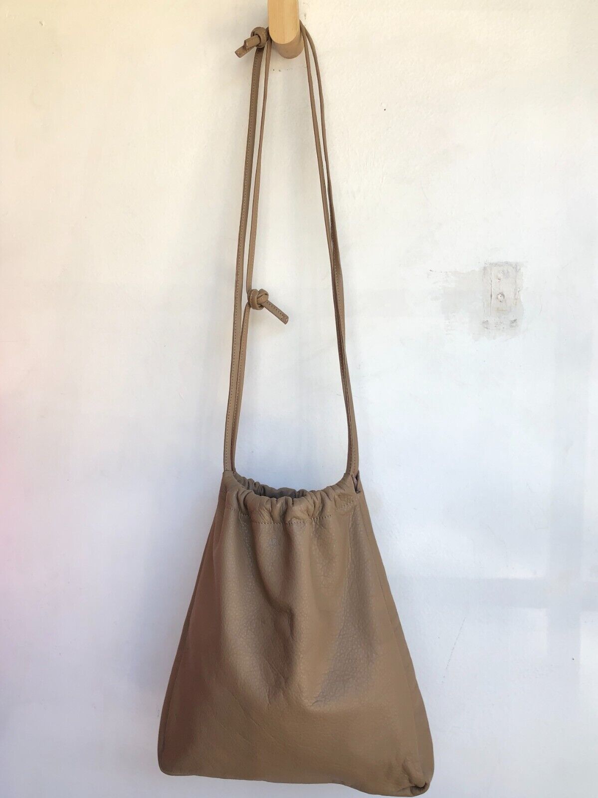 ARE STUDIO Nude Beige Pebbled Leather Scrunch Drawstring Bucket Shoulder Tote