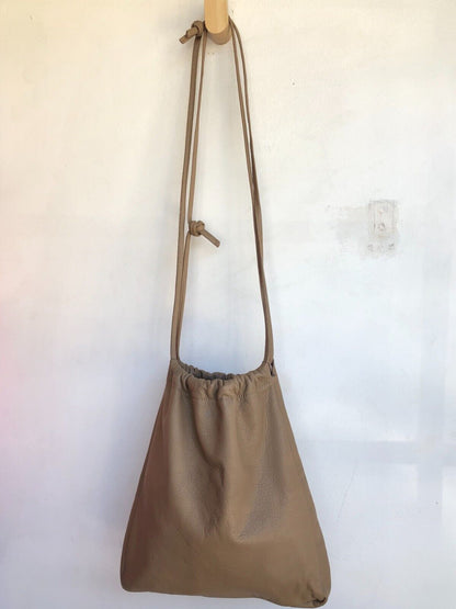 ARE STUDIO Nude Beige Pebbled Leather Scrunch Drawstring Bucket Shoulder Tote