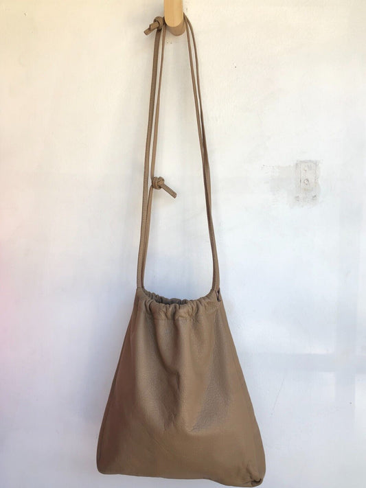 ARE STUDIO Nude Beige Pebbled Leather Scrunch Drawstring Bucket Shoulder Tote
