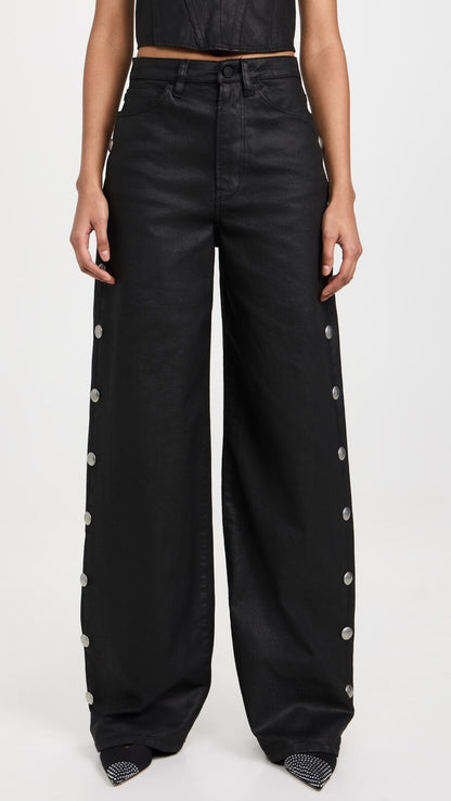 3X1 $385 Flip Black Wax Coated Silver Stud Wide Leg Pant Denim Jean 25