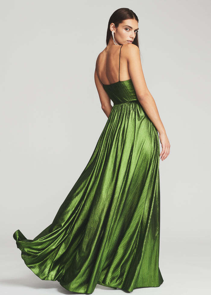 RETROFETE Doss Lime Metallic Green Pleated V Neck Sleeveless Maxi Dress Gown XL