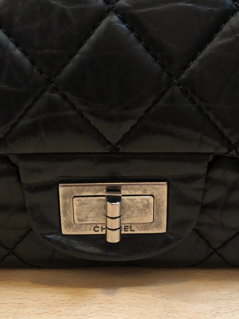 CHANEL Reissue 2.55 227 Flap Large Gray Navy Quilt Leather Shoulder Bag Purse