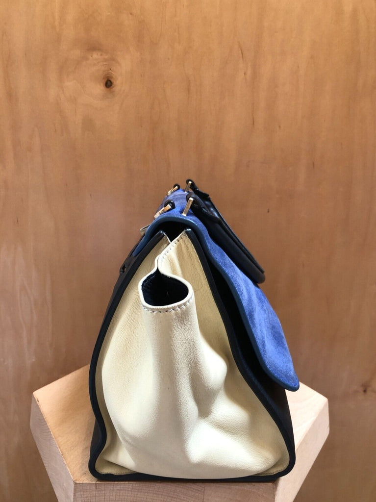 CELINE	Trapeze Cobalt Blue Beige Black Suede Leather Colorblock Bag Purse