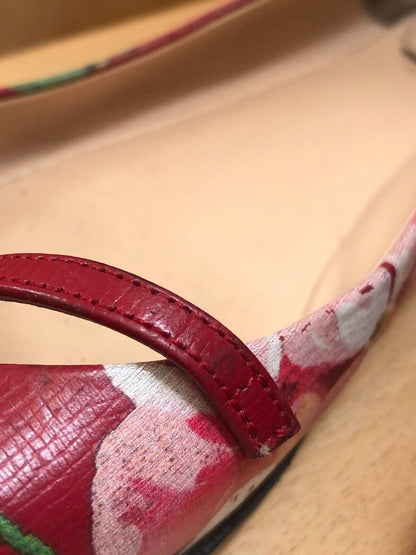 GUCCI	Red Floral Bloom Print Shanghai Leather Round Toe Ballet Flat Shoe 40.5