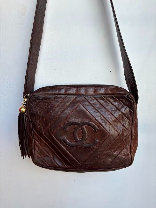 CHANEL Vintage Brown Leather Strap Chevron CC Logo Satchel Tassel Bag Purse