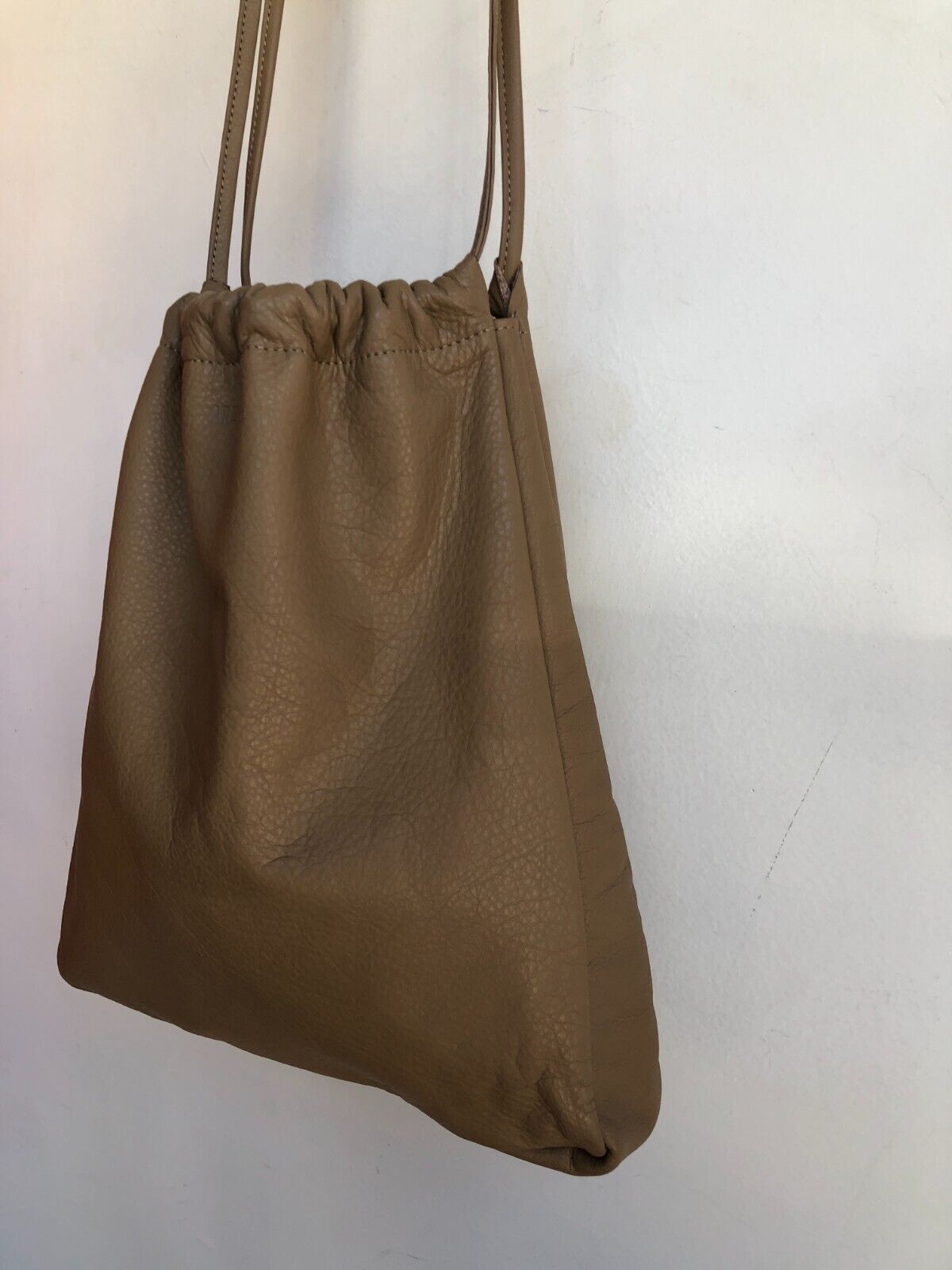 ARE STUDIO Nude Beige Pebbled Leather Scrunch Drawstring Bucket Shoulder Tote