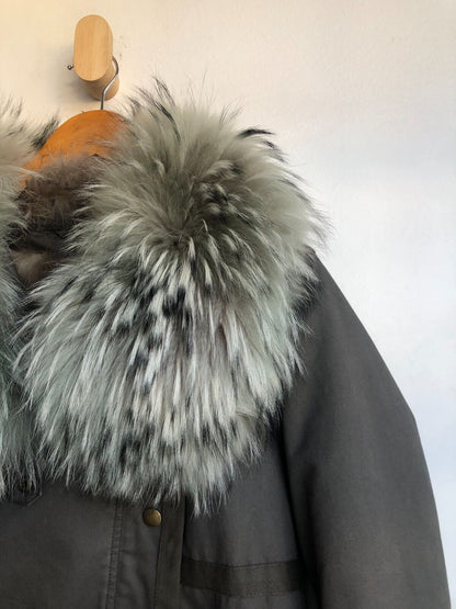 YVES SALOMON  Army Cement Grey Khaki Coyote Fur Collar Cotton Zip Up Jacket ~ M