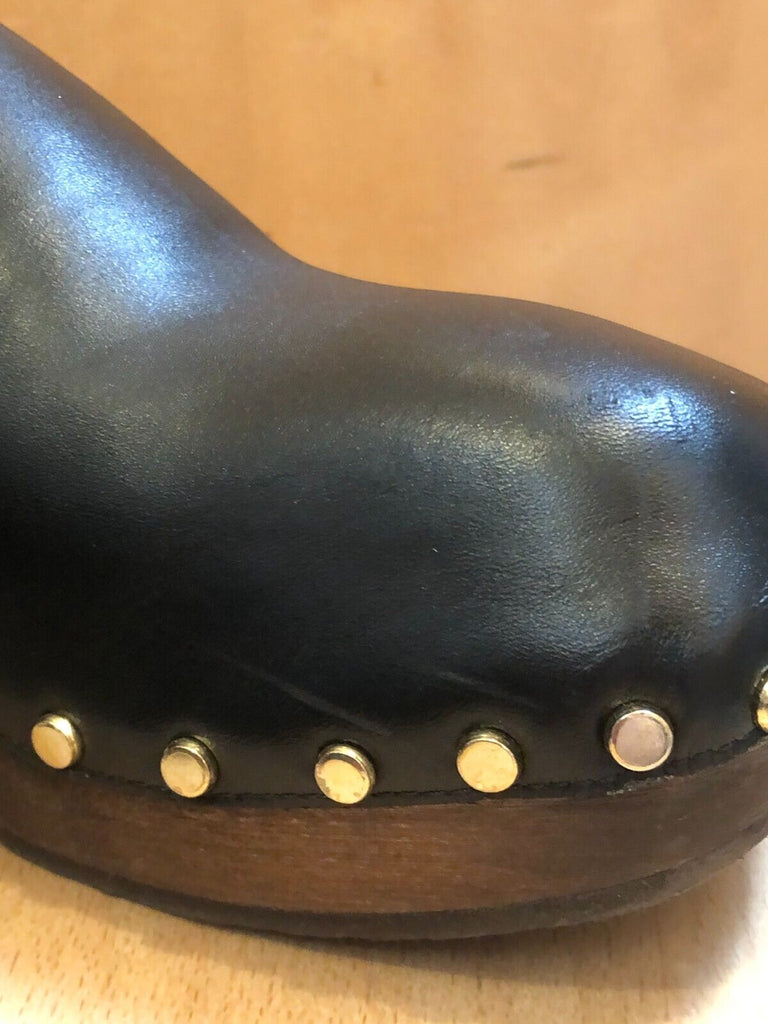 KHAITE	$1160 Lucca Black Leather Wooden Sole Gold Studded Mule Clog Shoe 37/7