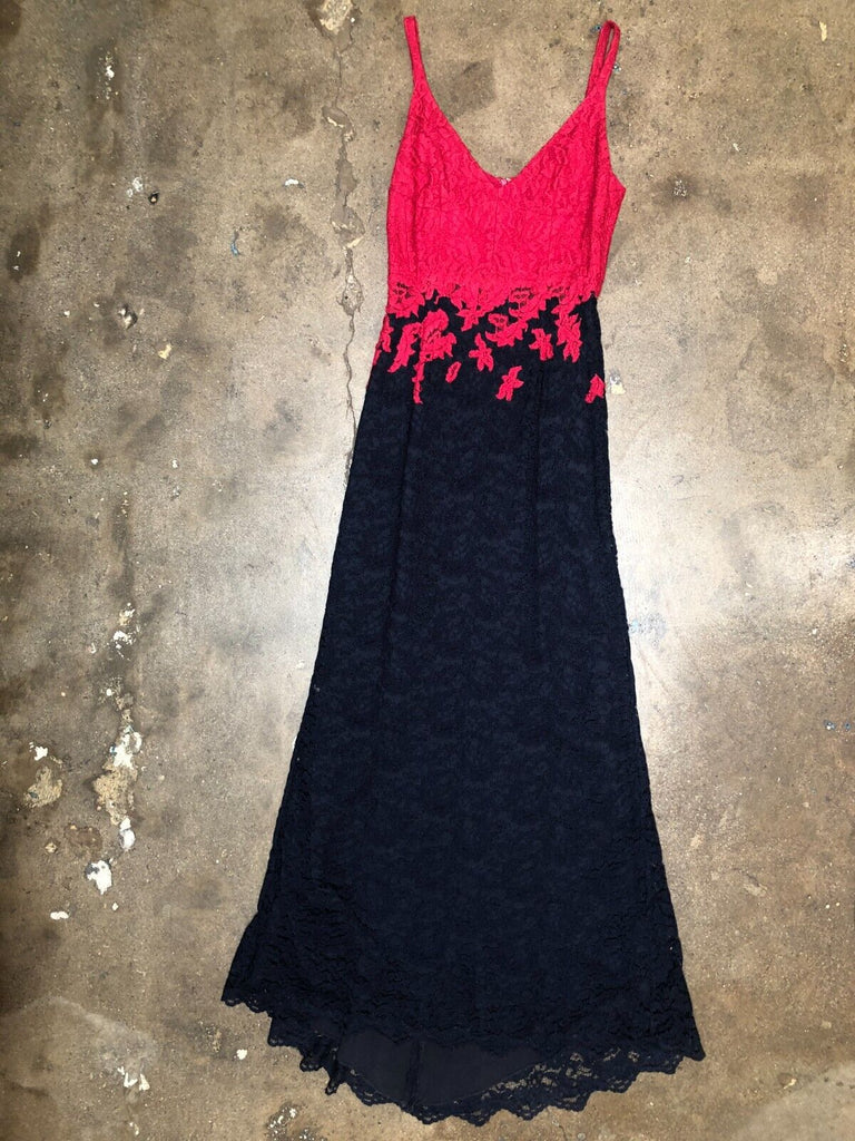 ERDEM Navy Blue Pink Lace Floral Sleeveless V Neck Long Maxi Gown Dress S/M