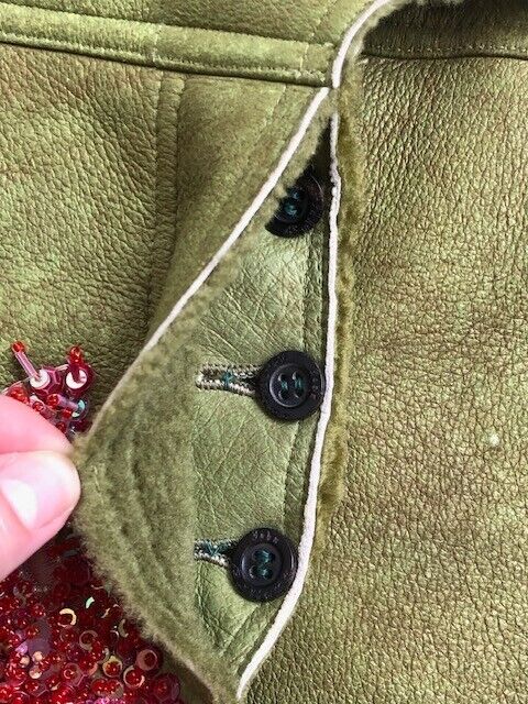 JOHN GALLIANO Vtg 2000s Green Leather Shearling Bead Embroidered Mini Skirt 38/6