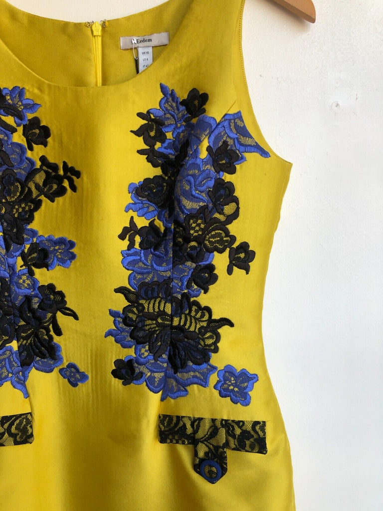 ERDEM Yellow Black Blue Floral Embroidered Sleeveless Silk Dress UK 10 / US 6