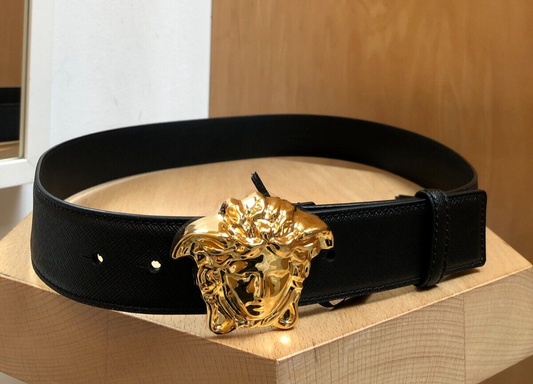 VERSACE NWT Medusa Insignia Gold Black Crosshatch Leather Mens Womens Belt 90/36