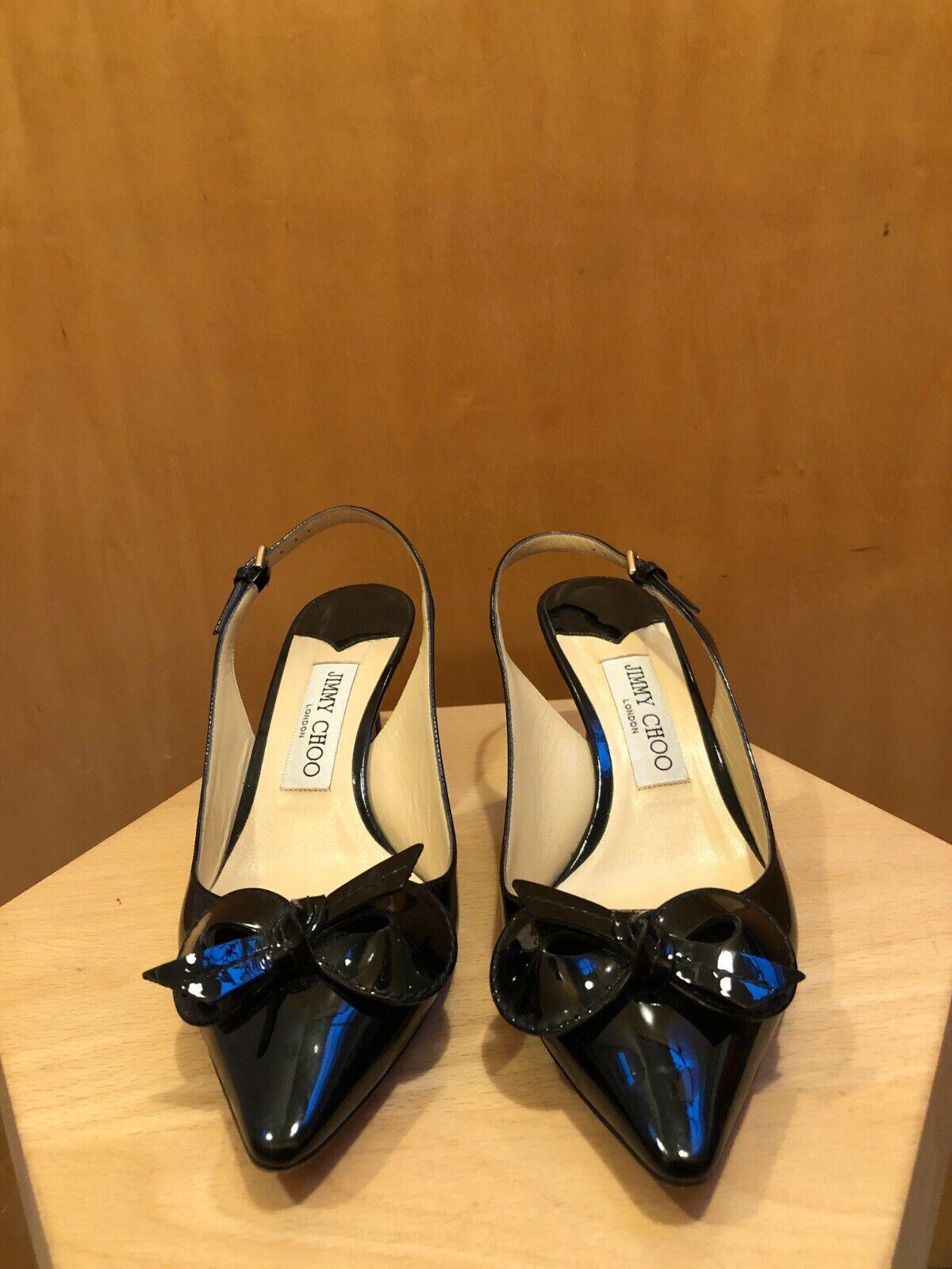 JIMMY CHOO Blare 60 Black Patent Leather Bow Pointed Toe Sling Back Pump 37.5