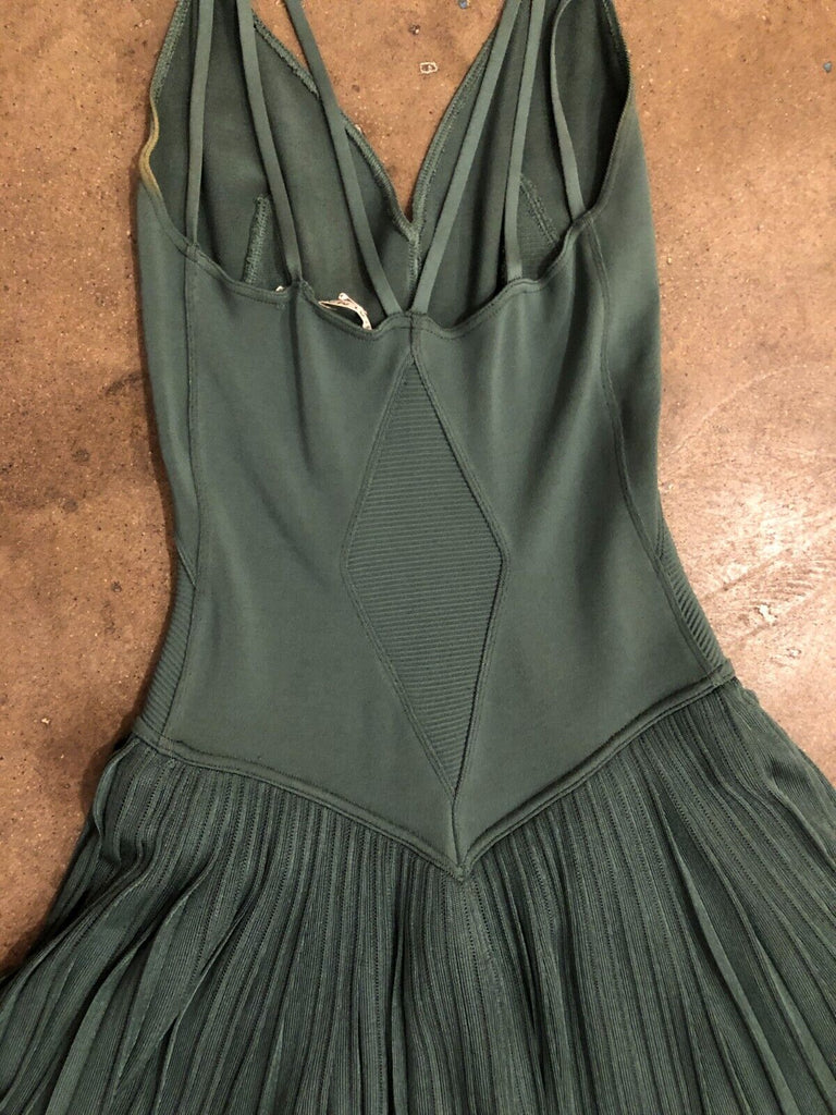 ALAIA Vtg 90s Green Pointelle Drop Waist Knit Pleated A-Line Sleeveless Dress M