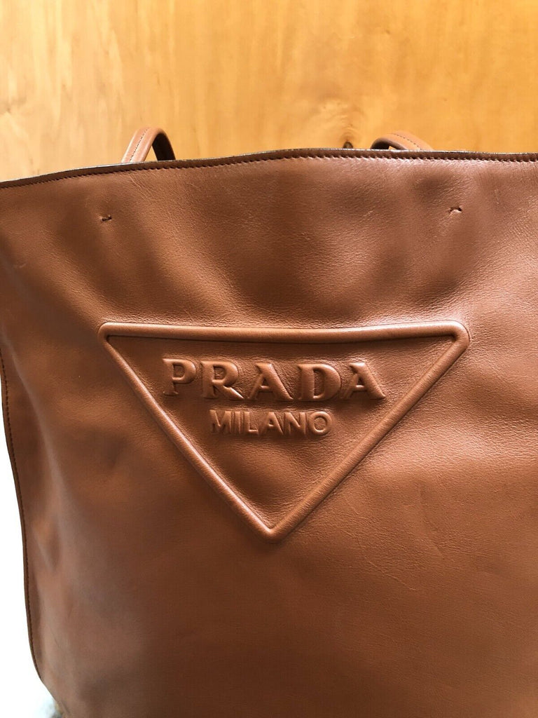 PRADA 2023 $1900 Softy Brown Triangle Logo Medium Leather Shopper Tote Bag Purse