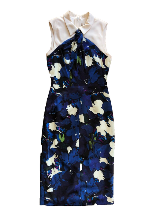 ERDEM Dark Blue Cream Multicolor Abstract Print Collar Sleeveless Midi Dress S/M