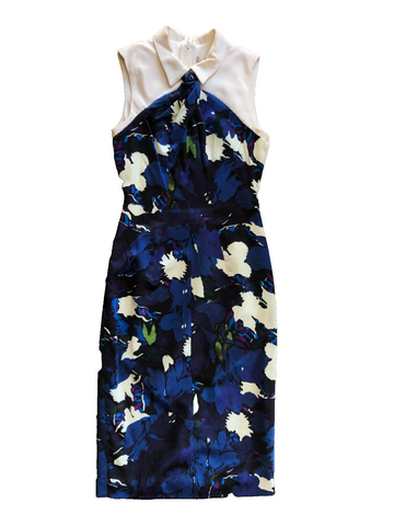 ERDEM	Blue Black Lace Embroidered Floral Print Cap Sleeve Knee Length Dress ~S