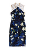 ERDEM Dark Blue Cream Multicolor Abstract Print Collar Sleeveless Midi Dress S/M