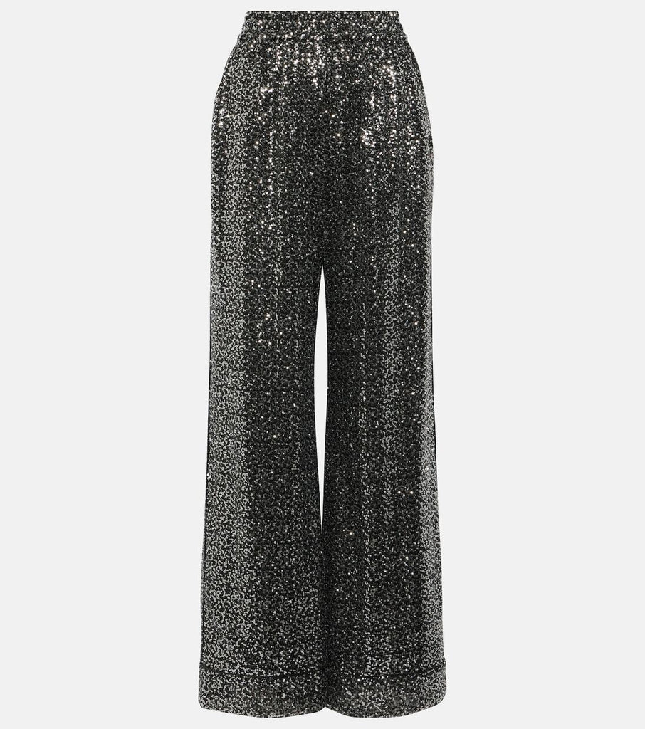 DOLCE & GABBANA Silver Sequin High Rise Wide Leg Silk Trouser Dress Pants 42/6