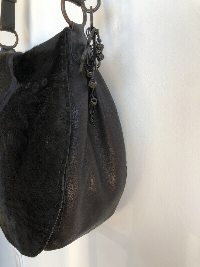 HENRY BEGUELIN Sella Horse Pony Calf Hair Black Leather Hobo Saddle Bag Purse