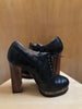 CHANEL Black Quilted Leather CC Wood Block Heel Lace Up Platform Ankle Boot 37