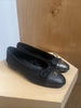 CHANEL Black Lizard Cap Toe Bow Dot Silver Logo Interlock Suede Ballet Flat 36.5