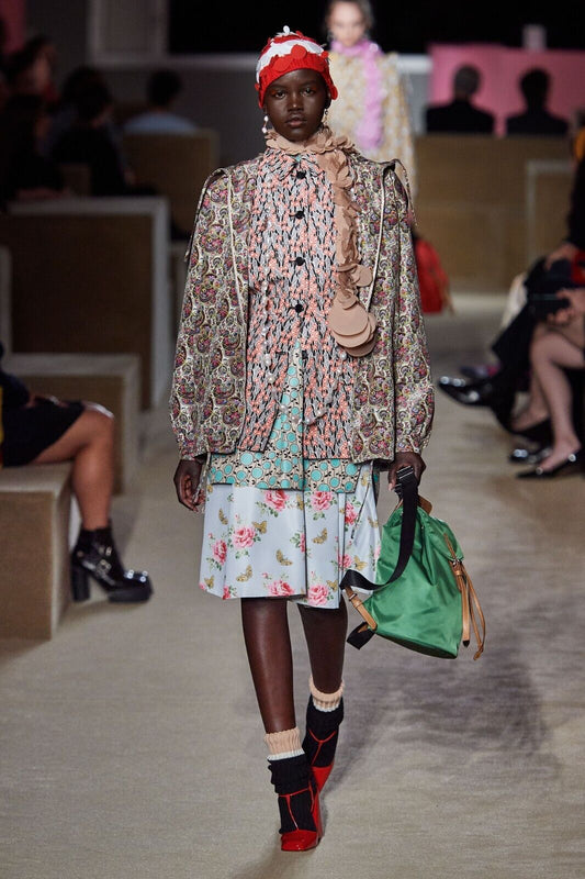 PRADA	2020 Resort Pale Blue Butterfly Floral Silk Aline Knee Length Skirt 46/10