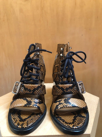 CHLOE Rylee Brown Snakeskin Print Leather Buckle Gladiator Sandal Heel 37.5/7.5