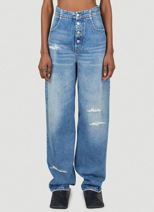 MM6 MARGIELA Spliced High Waisted Light Distressed Baggy Denim Pant Jean 26