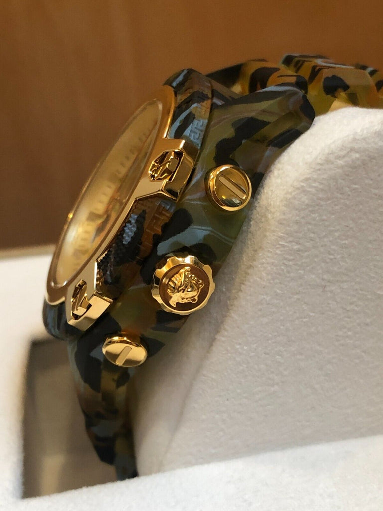 VERSACE Icon Active Chronograph Quartz Yellow Leopard Print Gold Accent Watch