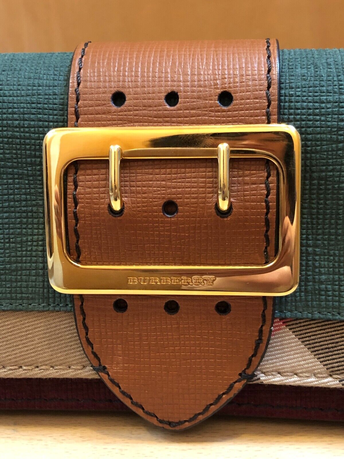 BURBERRY The Small House Nova Check Buckle Sea Green Leather Shoulder Bag Purse