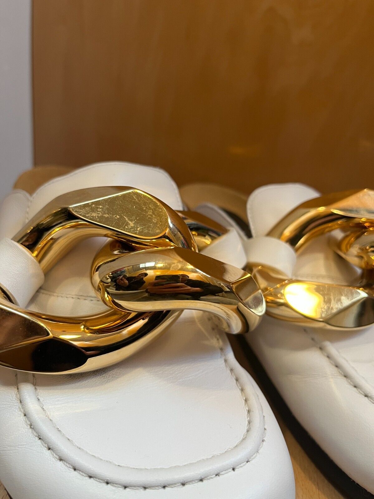 JW ANDERSON White Leather Gold Oversized Chain Slide Clog Flat Loafer Mule 38