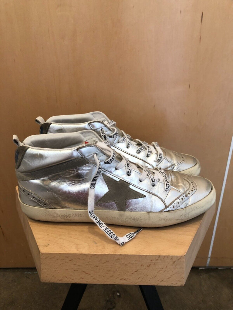 GOLDEN GOOSE Midstar Silver Metallic High Top Leather Gray Suede Star Sneaker 40