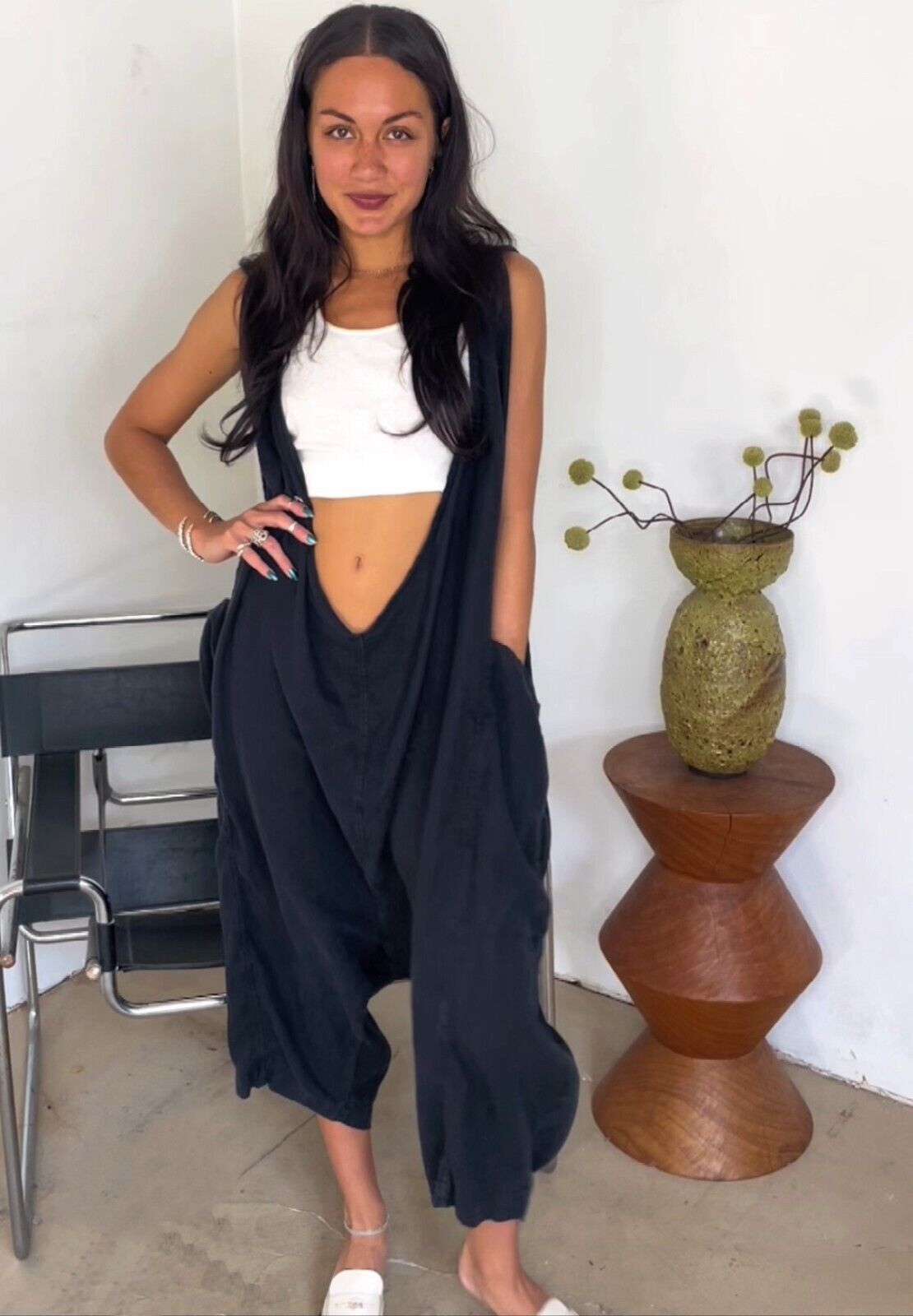 69 US SIXTY NINE Black Very Oversized Drop Crotch V Neck Low Back Jumpsuit M-4XL