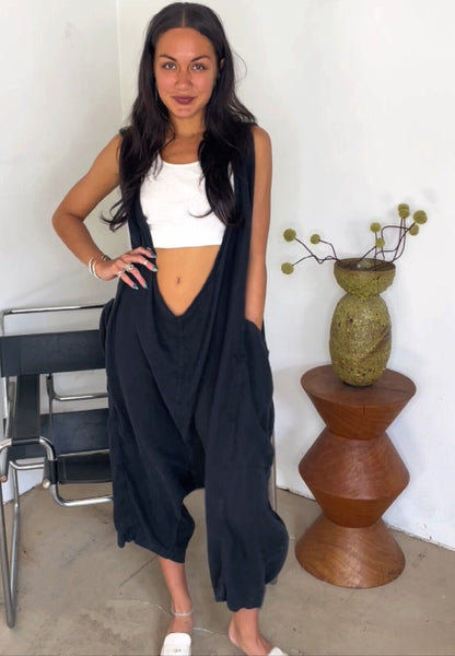 69 US SIXTY NINE Black Very Oversized Drop Crotch V Neck Low Back Jumpsuit M-4XL