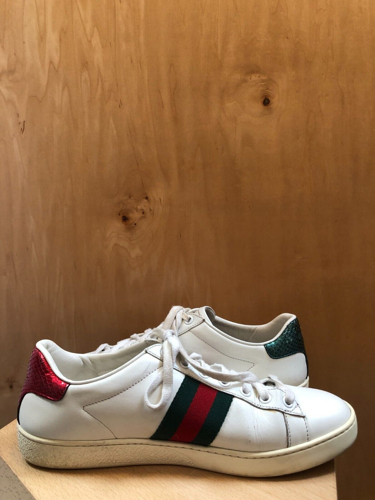 GUCCI Ace White Web Stripe Bee Embroidered Leather Embossed Womens Sneaker 39