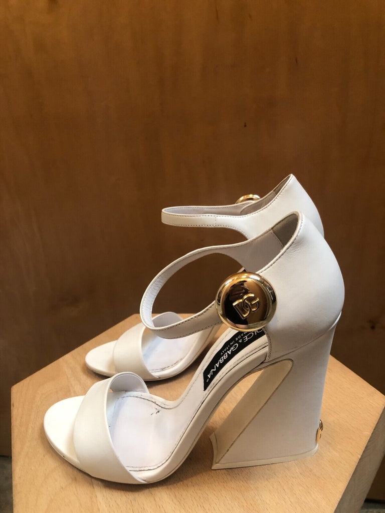 DOLCE & GABBANA White Leather Gold Chunky Wedge Curved Statement Strappy Heel 41